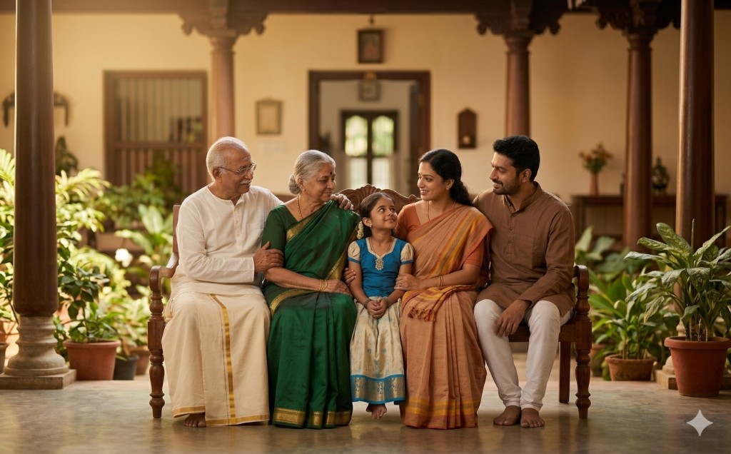 Multigenerational Tamil family in traditional dress — compassion and community in Tamil Nadu
