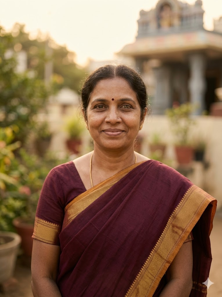 Woman in maroon saree smiling in a warm courtyard garden — in memory of Lakshmi Amma
