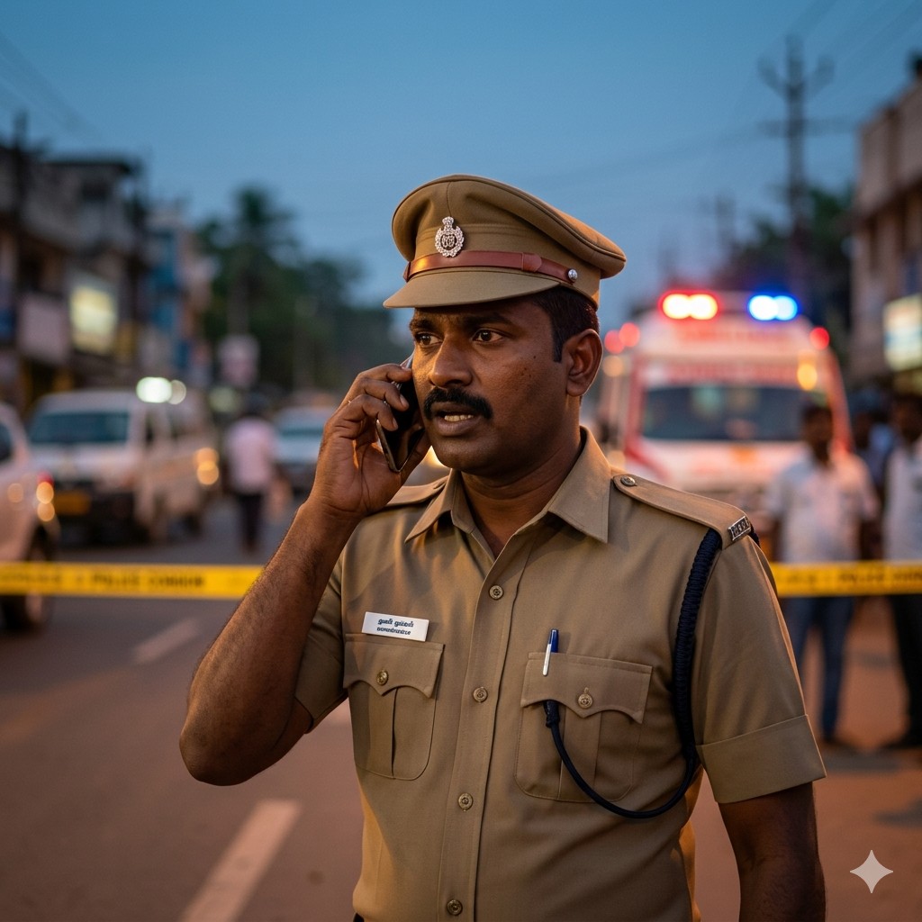 Police officer on a call near an accident scene, coordinating cornea donation notification