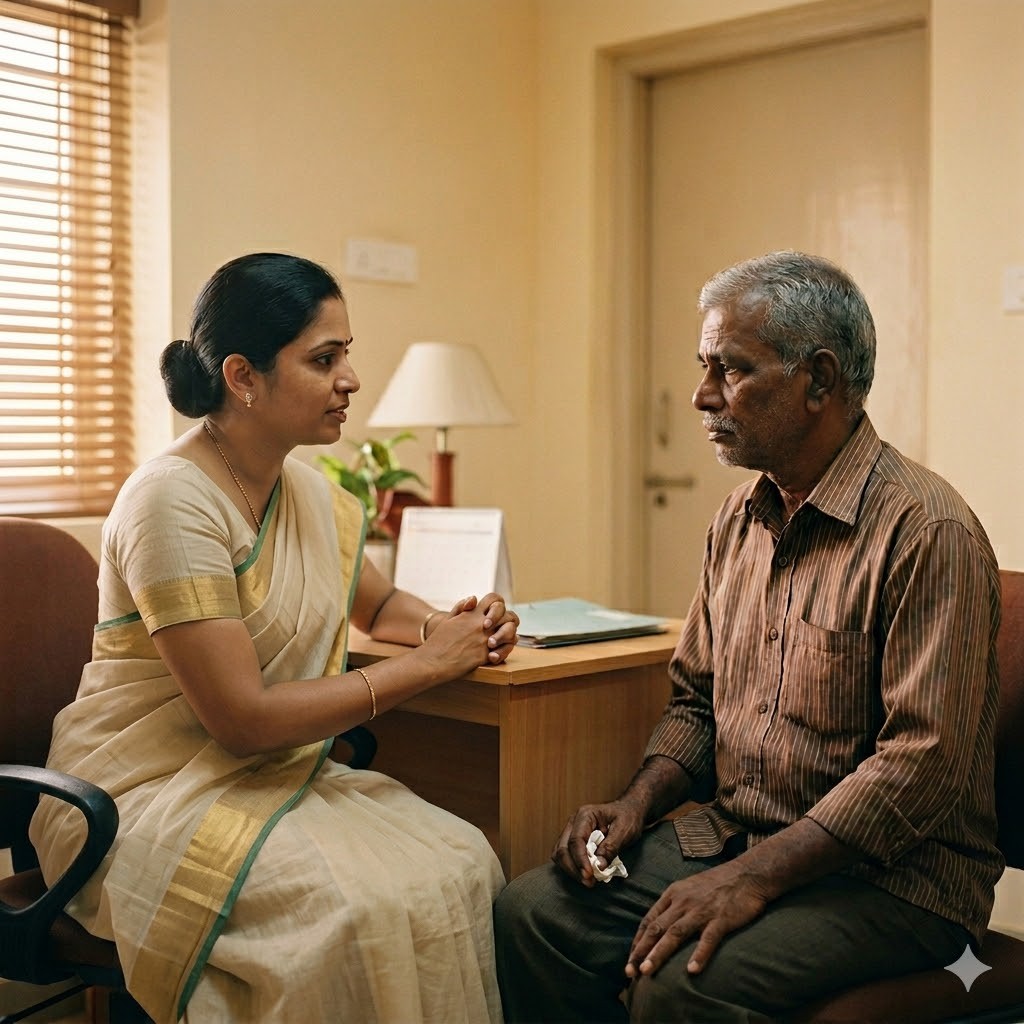 Medical counselor speaking softly with a grieving family member about cornea donation