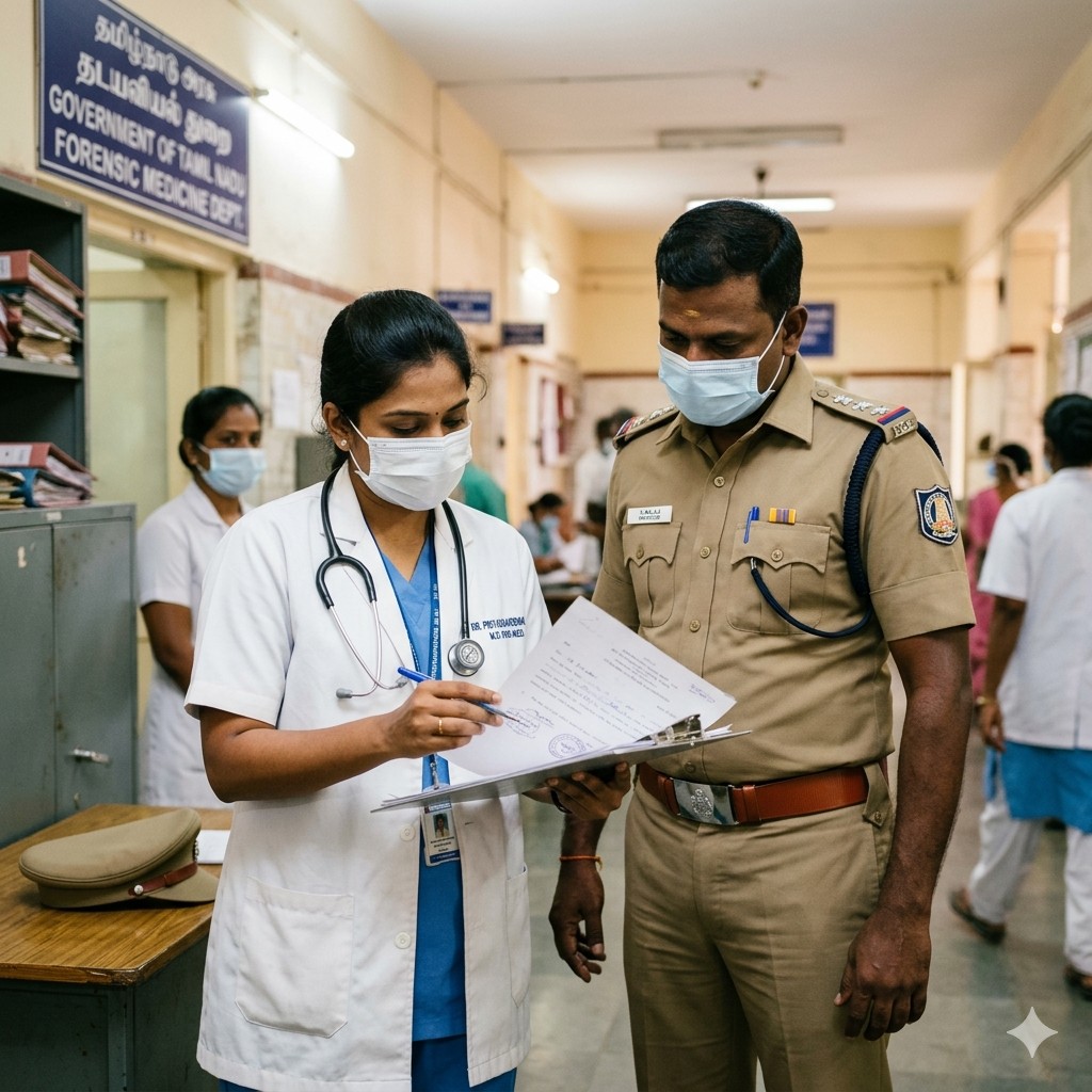 Forensic doctors and legal authorities reviewing medico-legal documents on a clipboard