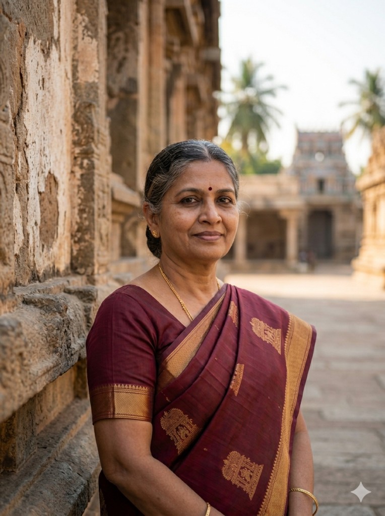 Elder woman in maroon saree at a temple courtyard — tribute to Selvi Amma