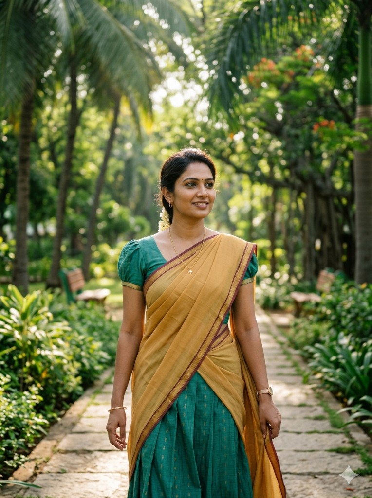 Young woman in yellow and teal half-saree in a sunlit park — in memory of Priya