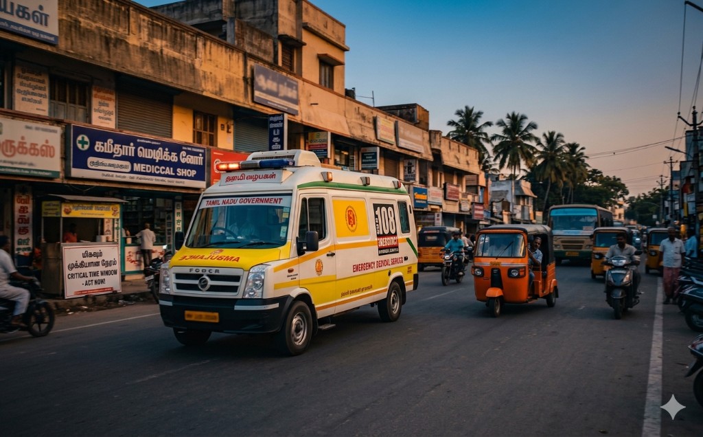 Tamil Nadu Government 108 emergency ambulance on a busy South Indian street at dusk